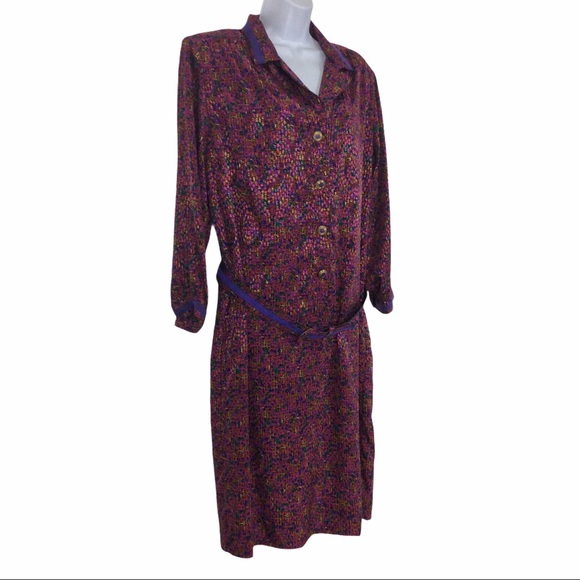 Vtg Parnes Feinstein Purple Belted Button Dress Size 10 (Vintage Size 16) - Picture 4 of 9